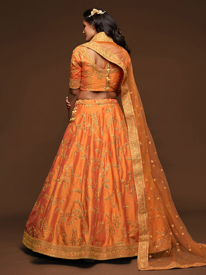 Orange Art Silk Embroidered Semi Stitched Lehenga Choli with Dupatta