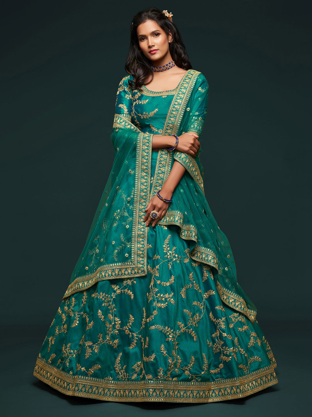 Teal-Green Art Silk Embroidered Semi Stitched Lehenga Choli with Dupatta