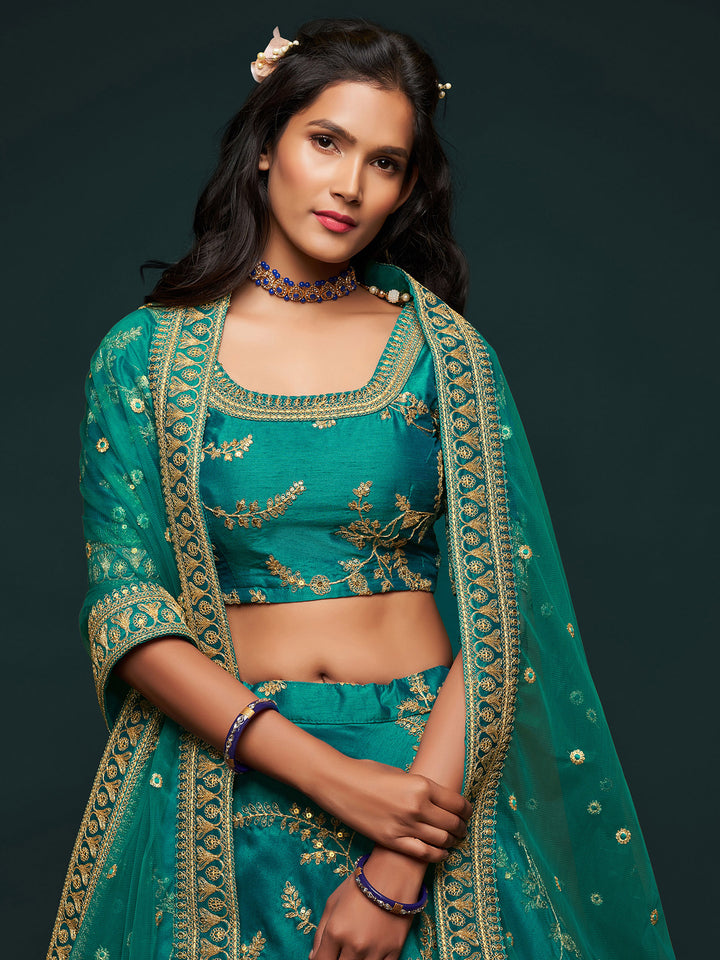 Teal-Green Art Silk Embroidered Semi Stitched Lehenga Choli with Dupatta