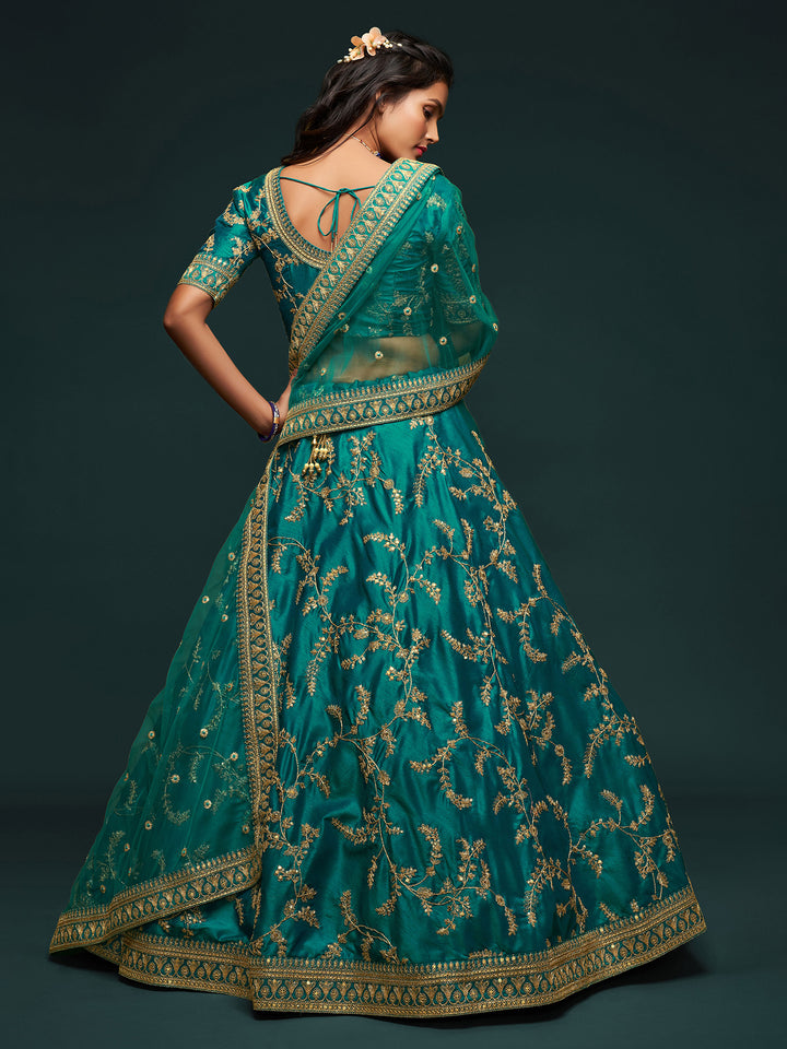 Teal-Green Art Silk Embroidered Semi Stitched Lehenga Choli with Dupatta