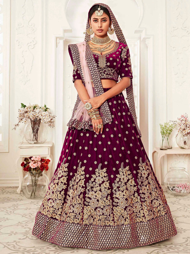 Wine Velvet Embroidered Semi Stitched Lehenga Choli with Dupatta