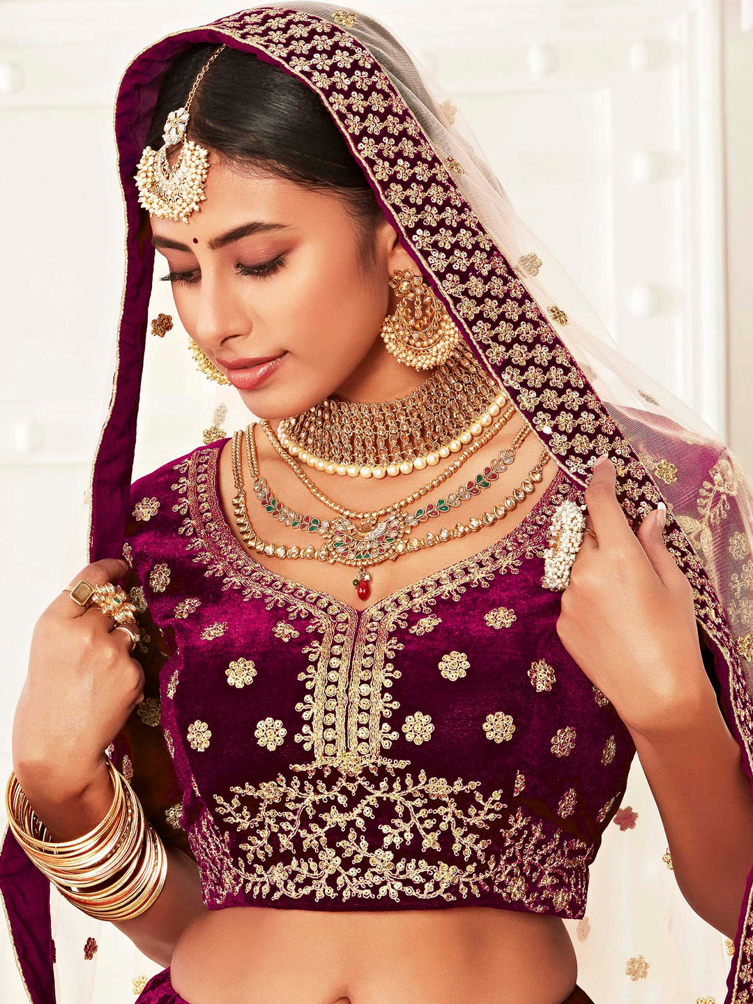 Wine Velvet Embroidered Semi Stitched Lehenga Choli with Dupatta