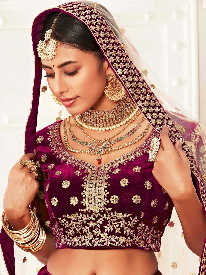 Wine Velvet Embroidered Semi Stitched Lehenga Choli with Dupatta