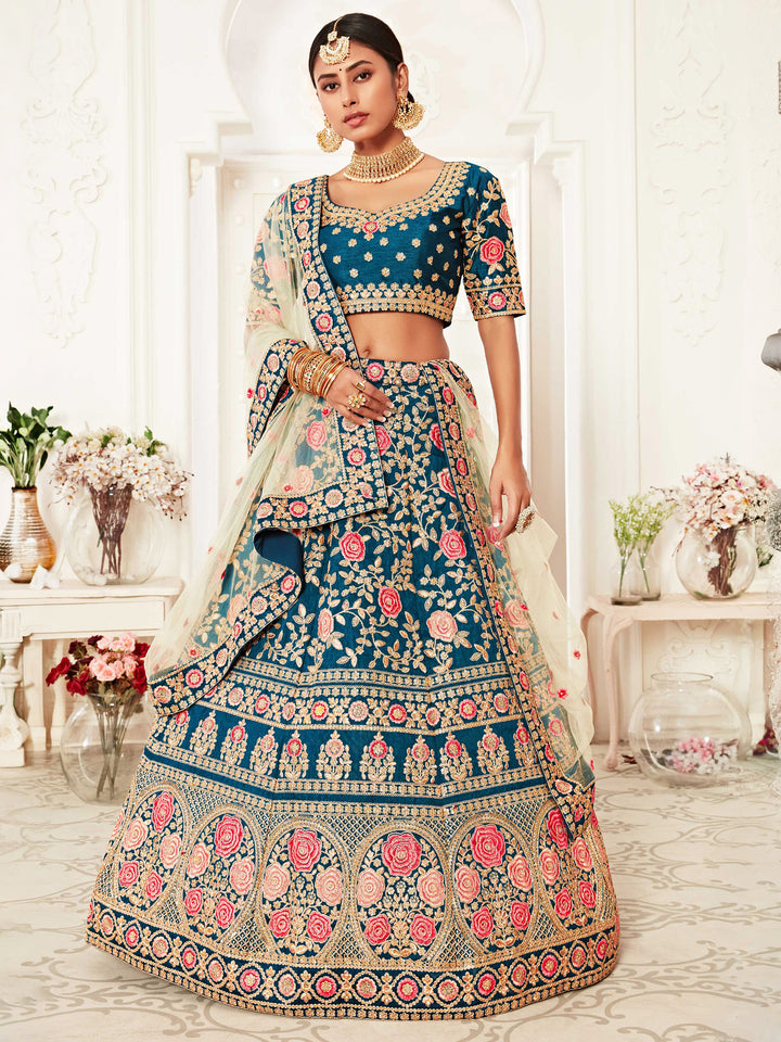 Teal-Blue-Cream Art Silk Embroidered Semi Stitched Lehenga Choli with Dupatta