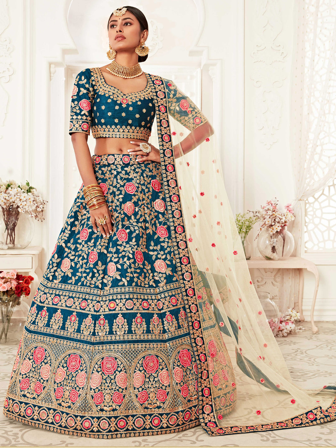 Teal-Blue-Cream Art Silk Embroidered Semi Stitched Lehenga Choli with Dupatta