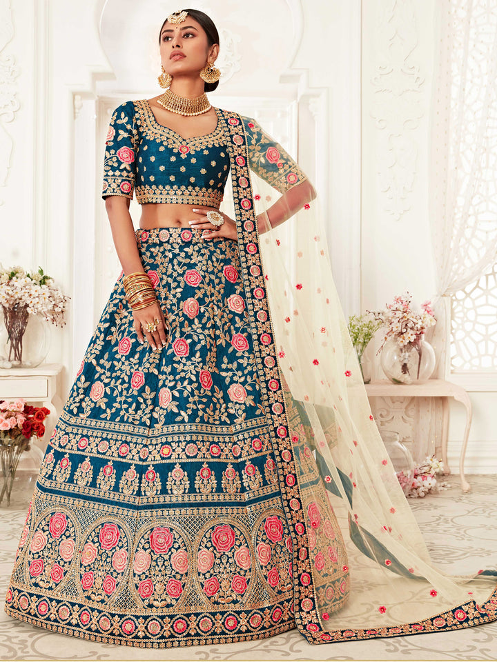 Teal-Blue-Cream Art Silk Embroidered Semi Stitched Lehenga Choli with Dupatta