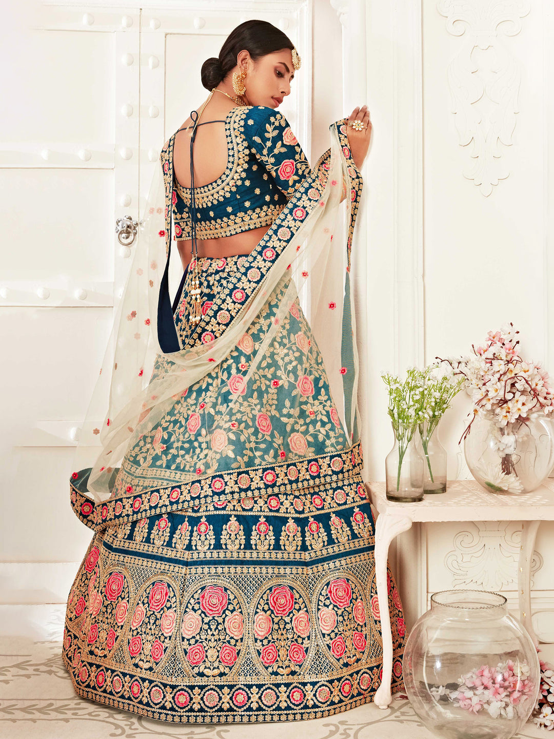Teal-Blue-Cream Art Silk Embroidered Semi Stitched Lehenga Choli with Dupatta