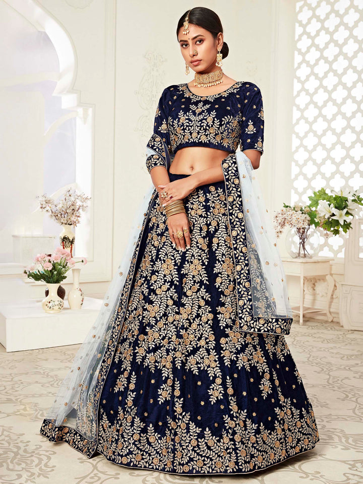 Blue Velvet Embroidered Semi Stitched Lehenga Choli with Dupatta