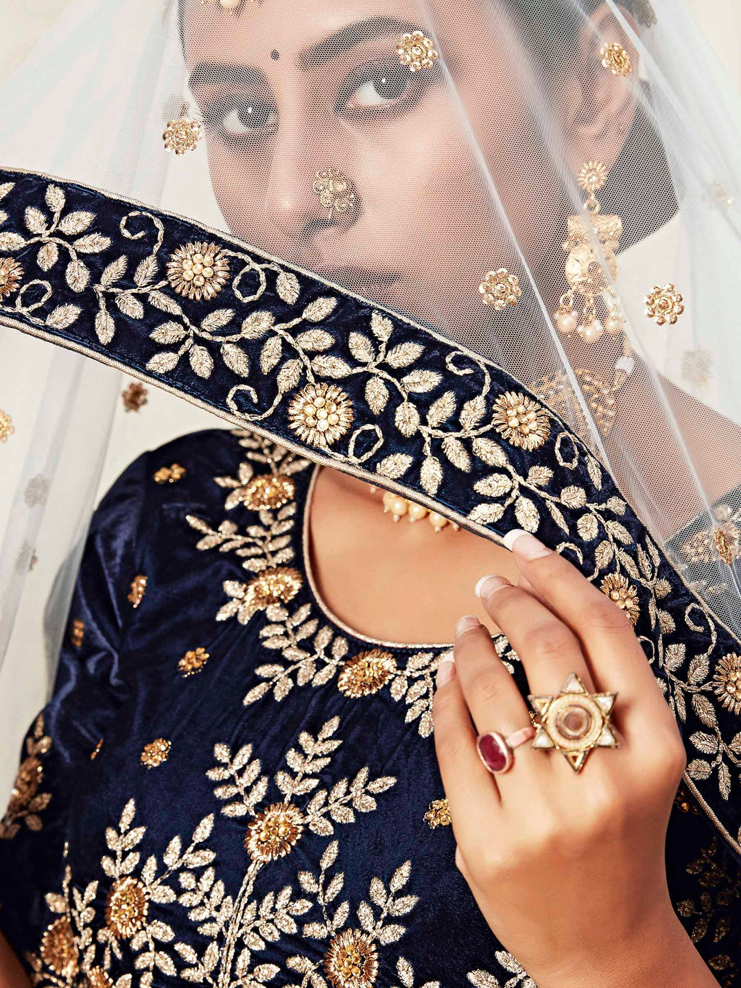 Blue Velvet Embroidered Semi Stitched Lehenga Choli with Dupatta