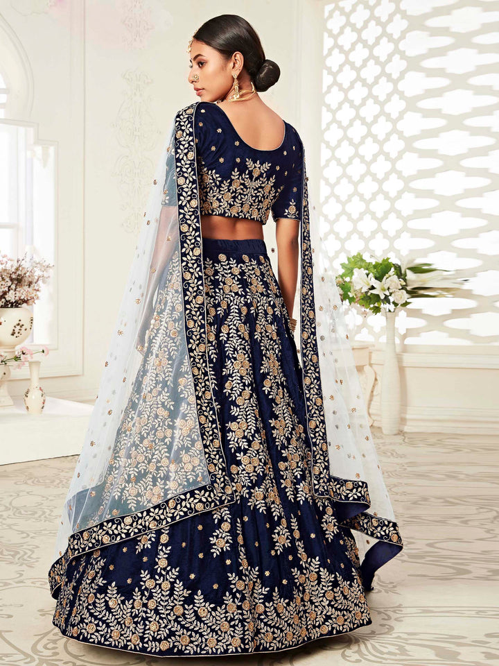 Blue Velvet Embroidered Semi Stitched Lehenga Choli with Dupatta