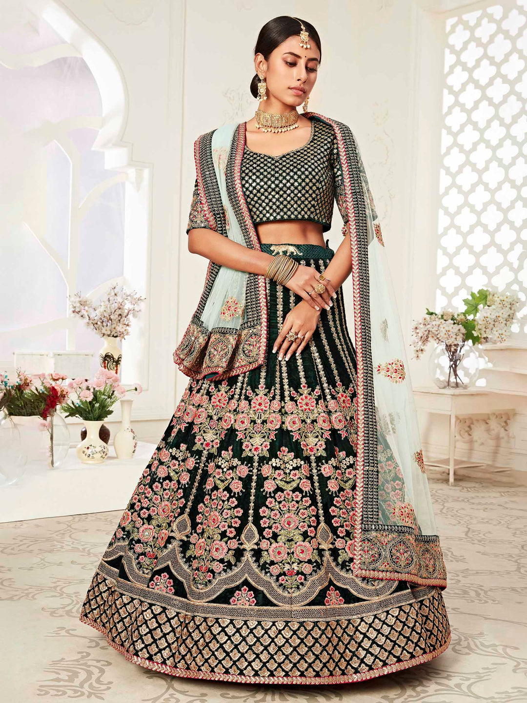 Green Velvet Embroidered Semi Stitched Lehenga Choli with Dupatta