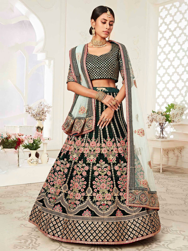 Green Velvet Embroidered Semi Stitched Lehenga Choli with Dupatta