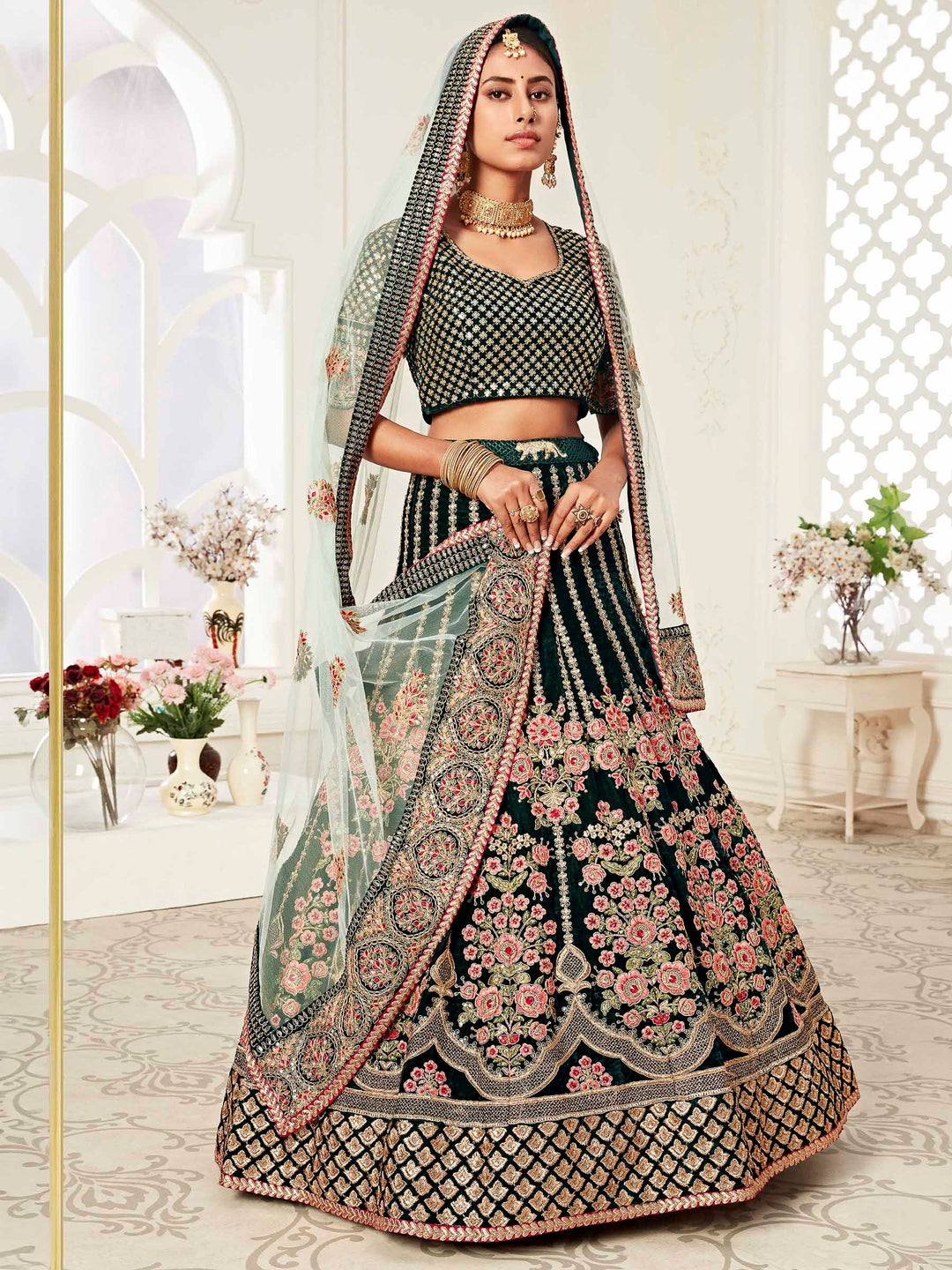 Green Velvet Embroidered Semi Stitched Lehenga Choli with Dupatta