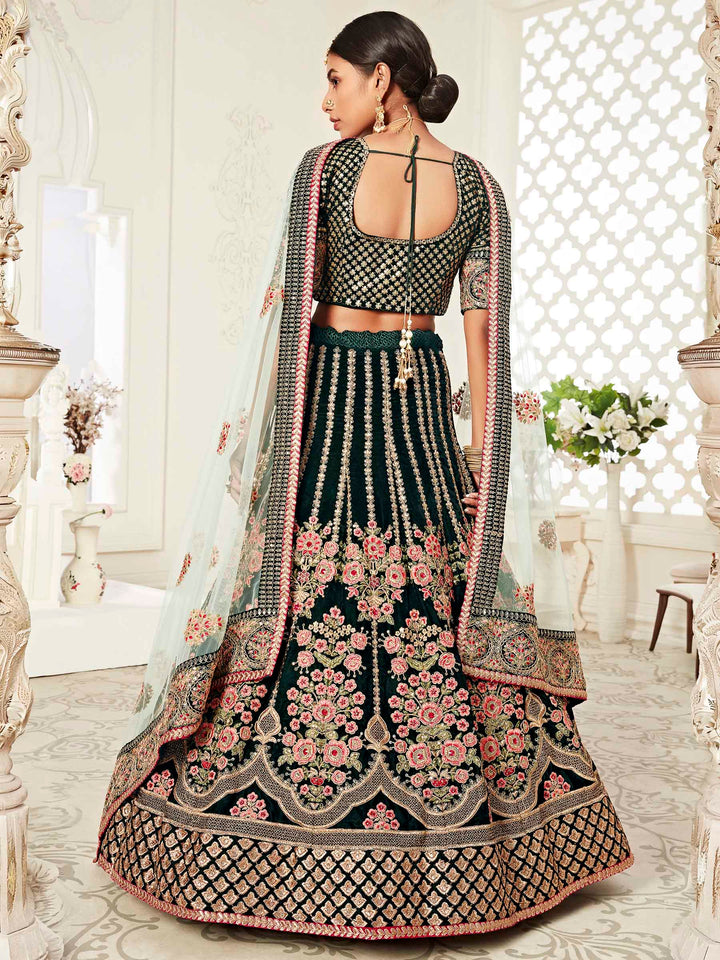 Green Velvet Embroidered Semi Stitched Lehenga Choli with Dupatta
