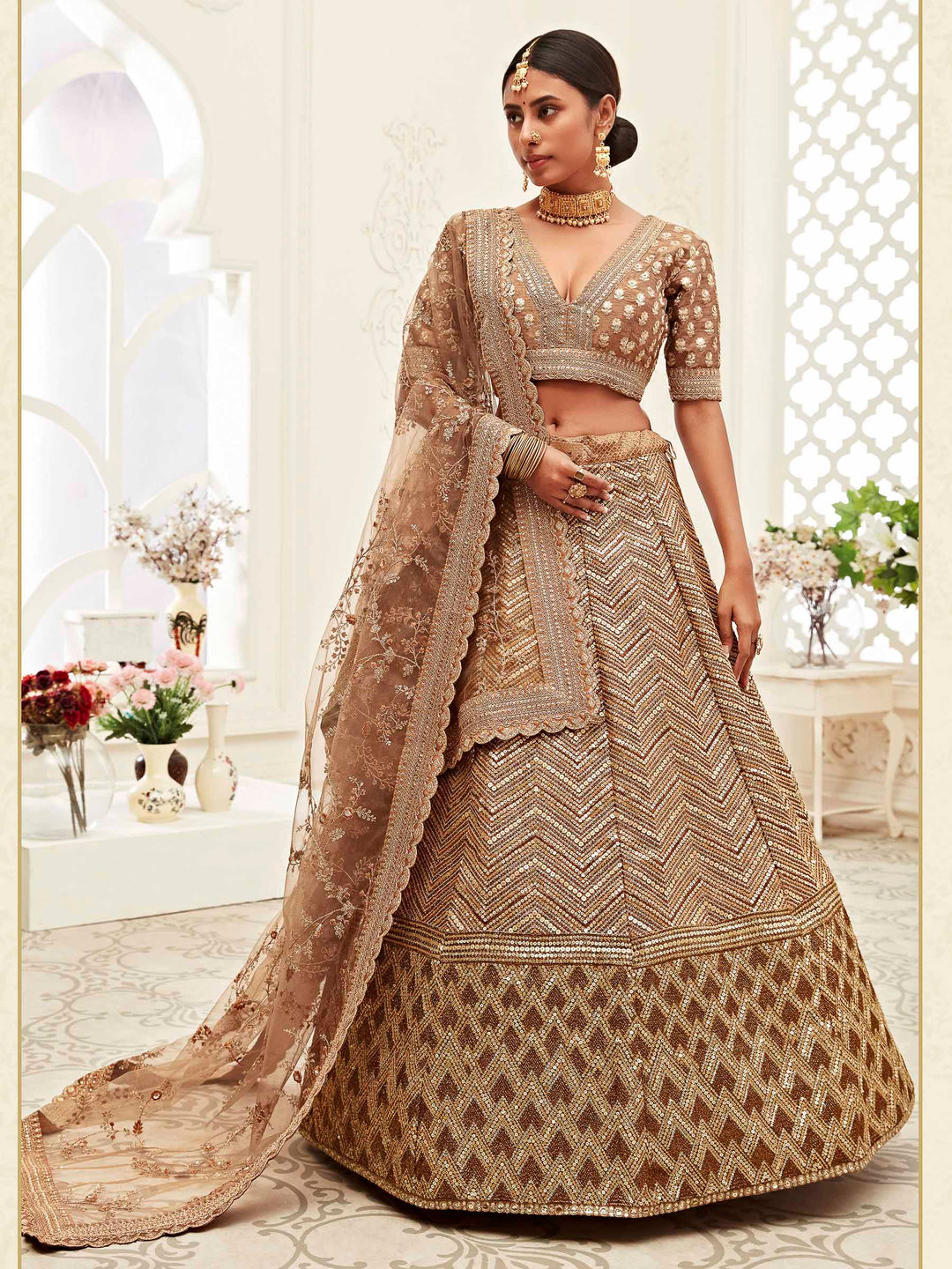 Beige Art Silk Embroidered Semi Stitched Lehenga Choli with Dupatta