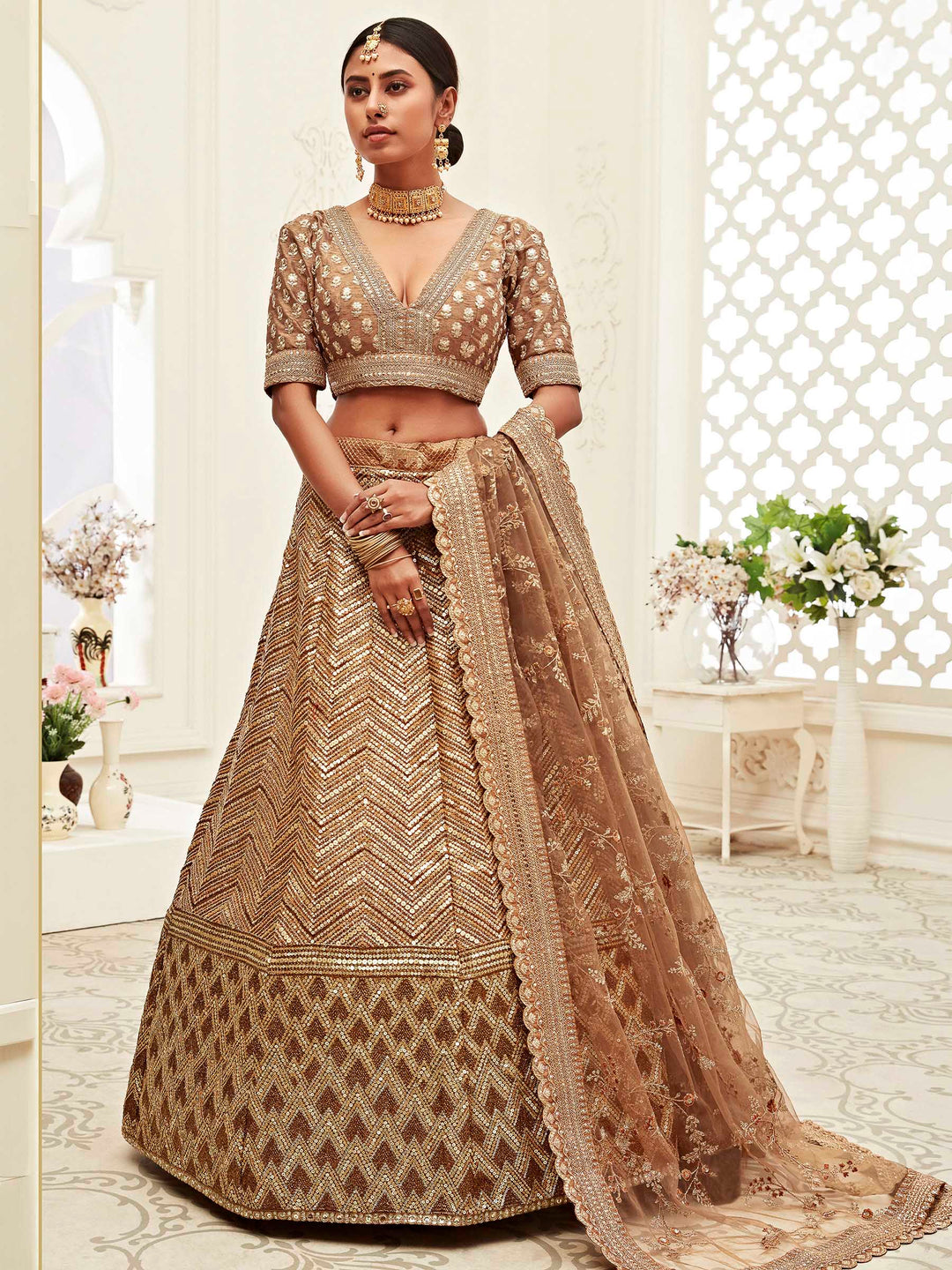 Beige Art Silk Embroidered Semi Stitched Lehenga Choli with Dupatta
