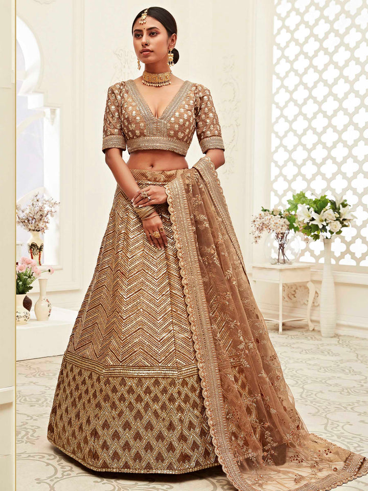 Beige Art Silk Embroidered Semi Stitched Lehenga Choli with Dupatta