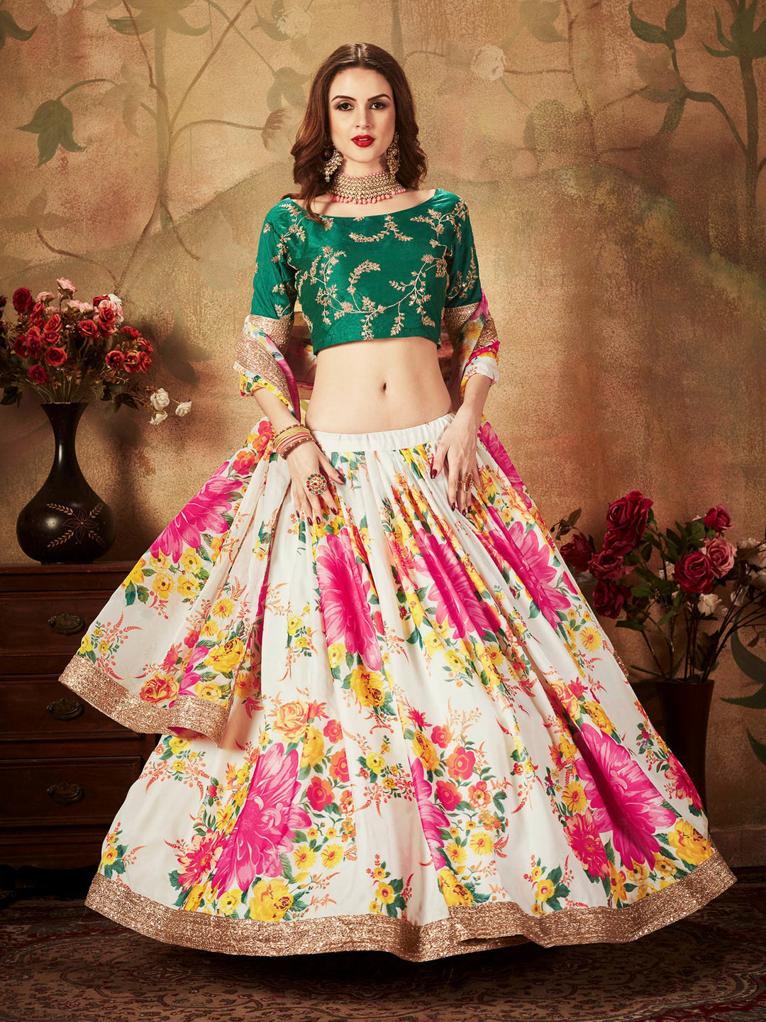 Green-White Art Silk Embroidered Semi Stitched Lehenga Choli with Dupatta