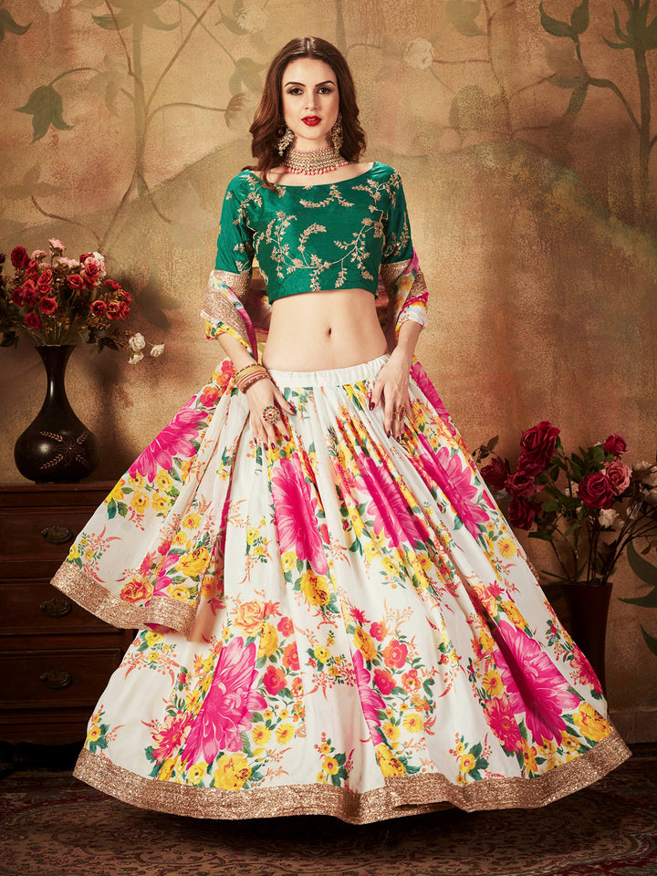 Green-White Art Silk Embroidered Semi Stitched Lehenga Choli with Dupatta