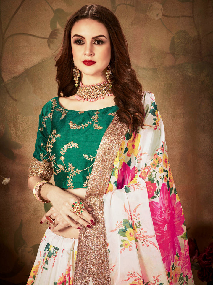 Green-White Art Silk Embroidered Semi Stitched Lehenga Choli with Dupatta