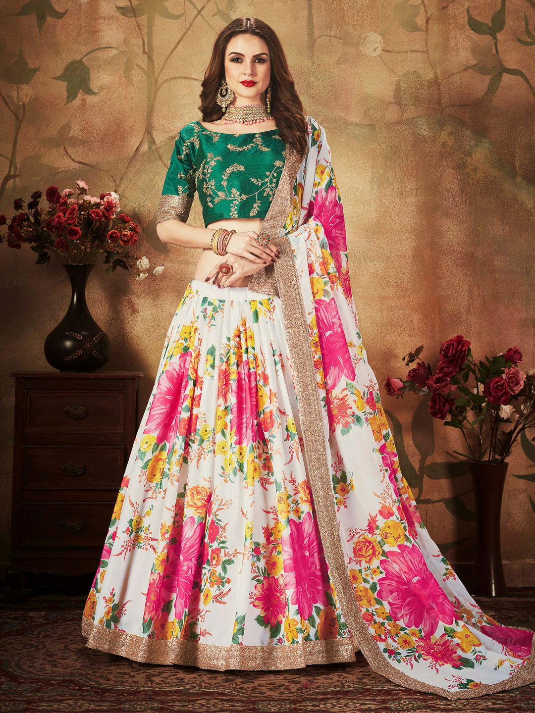 Green-White Art Silk Embroidered Semi Stitched Lehenga Choli with Dupatta