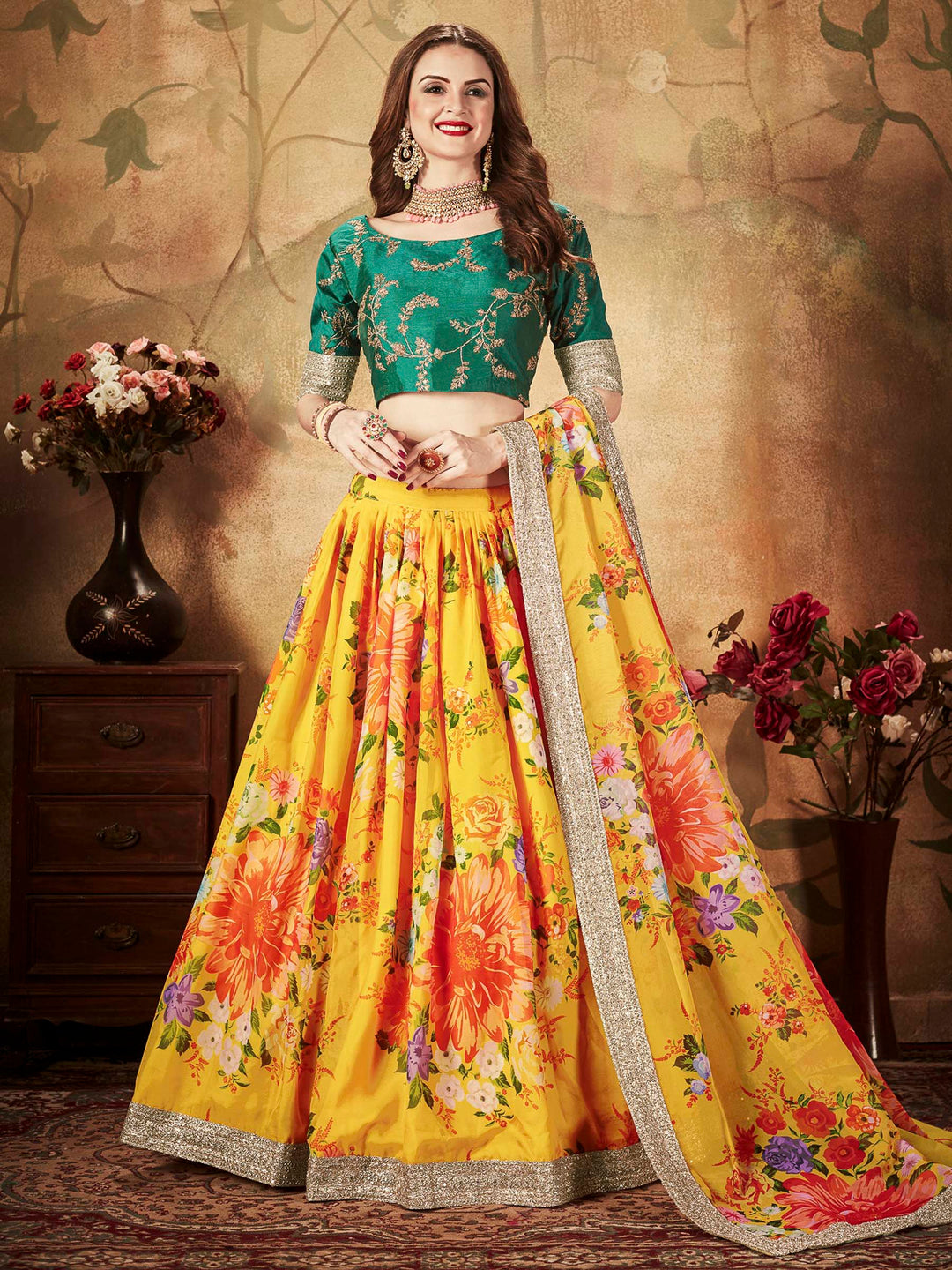 Green-Yellow Art Silk Embroidered Semi Stitched Lehenga Choli with Dupatta