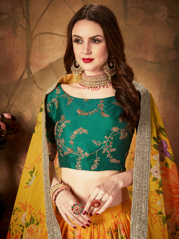 Green-Yellow Art Silk Embroidered Semi Stitched Lehenga Choli with Dupatta