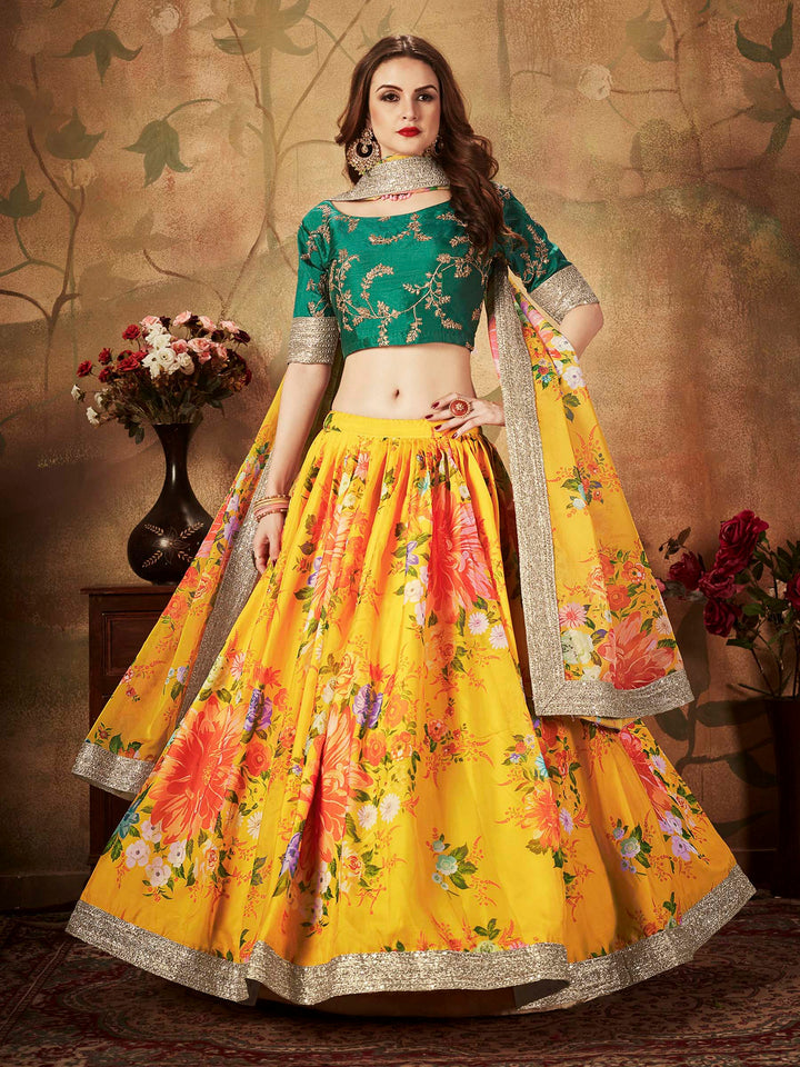 Green-Yellow Art Silk Embroidered Semi Stitched Lehenga Choli with Dupatta