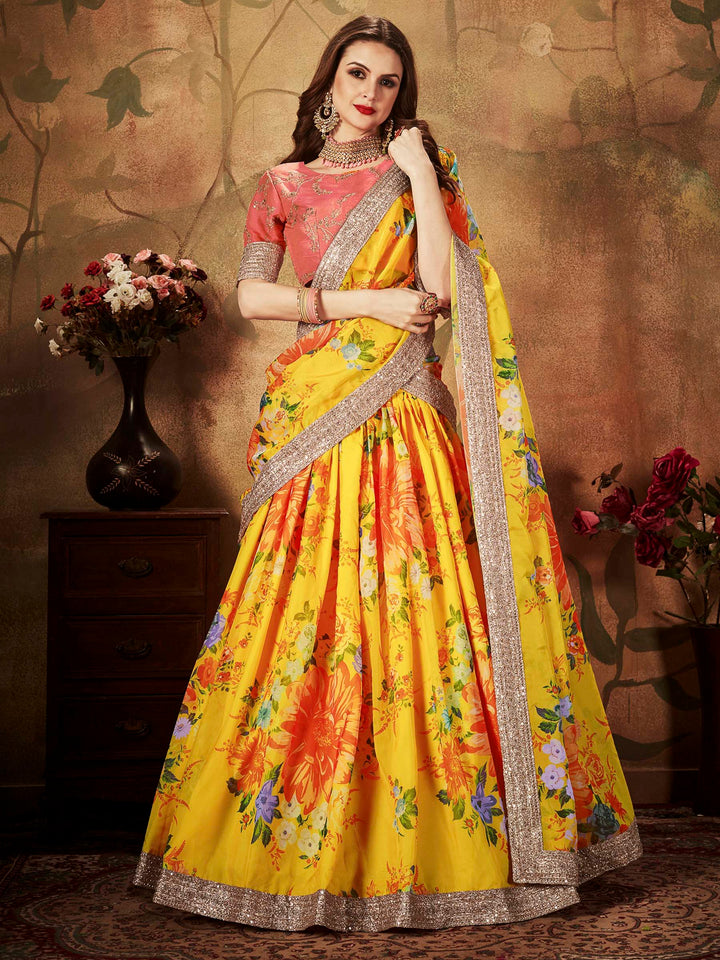 Peach-Yellow Art Silk Embroidered Semi Stitched Lehenga Choli with Dupatta