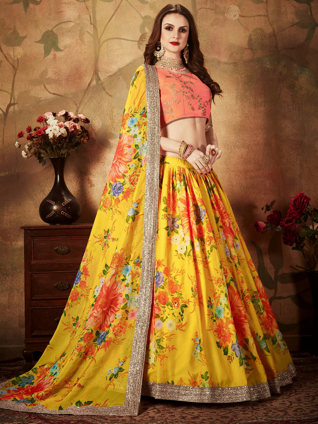 Peach-Yellow Art Silk Embroidered Semi Stitched Lehenga Choli with Dupatta