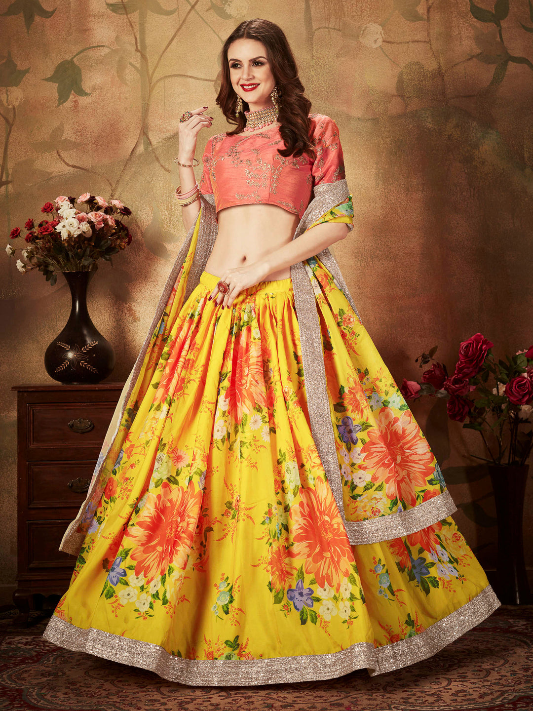 Peach-Yellow Art Silk Embroidered Semi Stitched Lehenga Choli with Dupatta