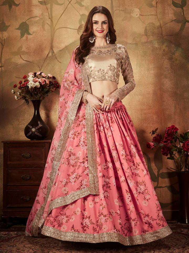 Beige-Pink Organza Embroidered Semi Stitched Lehenga Choli with Dupatta