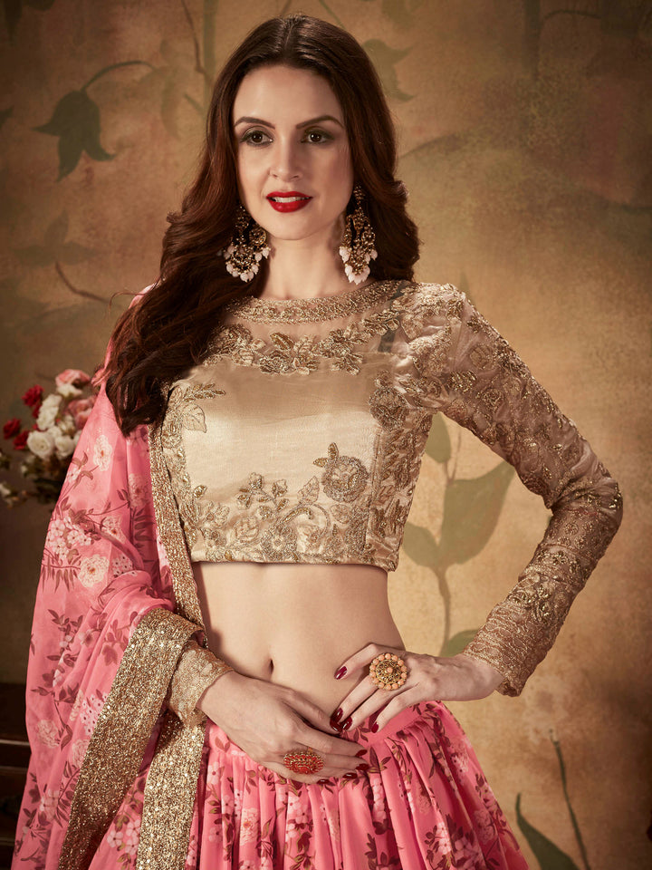 Beige-Pink Organza Embroidered Semi Stitched Lehenga Choli with Dupatta