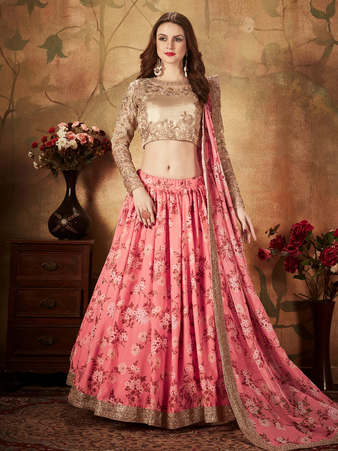 Beige-Pink Organza Embroidered Semi Stitched Lehenga Choli with Dupatta