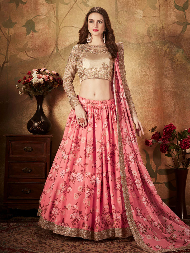 Beige-Pink Organza Embroidered Semi Stitched Lehenga Choli with Dupatta