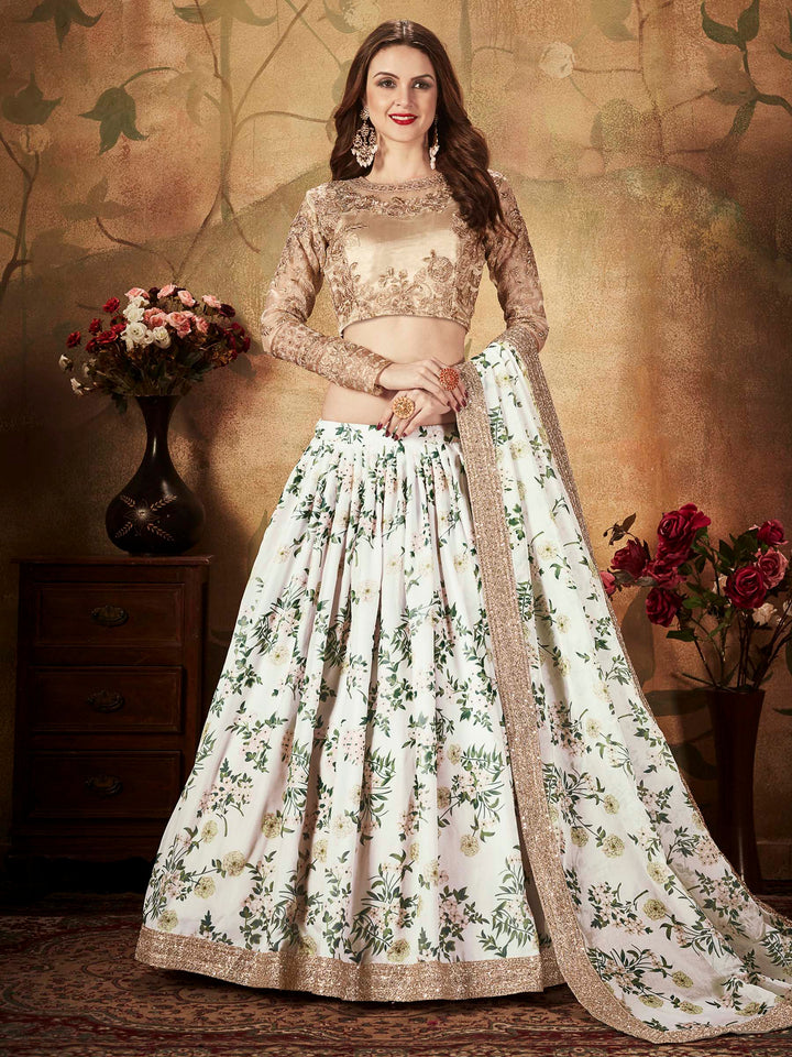 Beige-White Organza Embroidered Semi Stitched Lehenga Choli with Dupatta