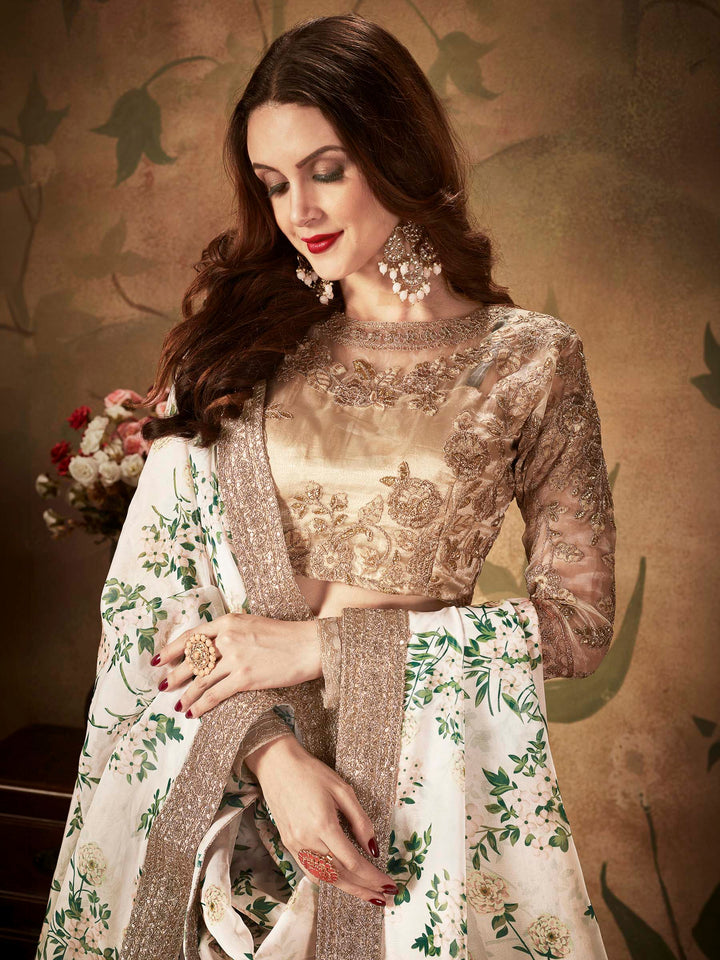 Beige-White Organza Embroidered Semi Stitched Lehenga Choli with Dupatta
