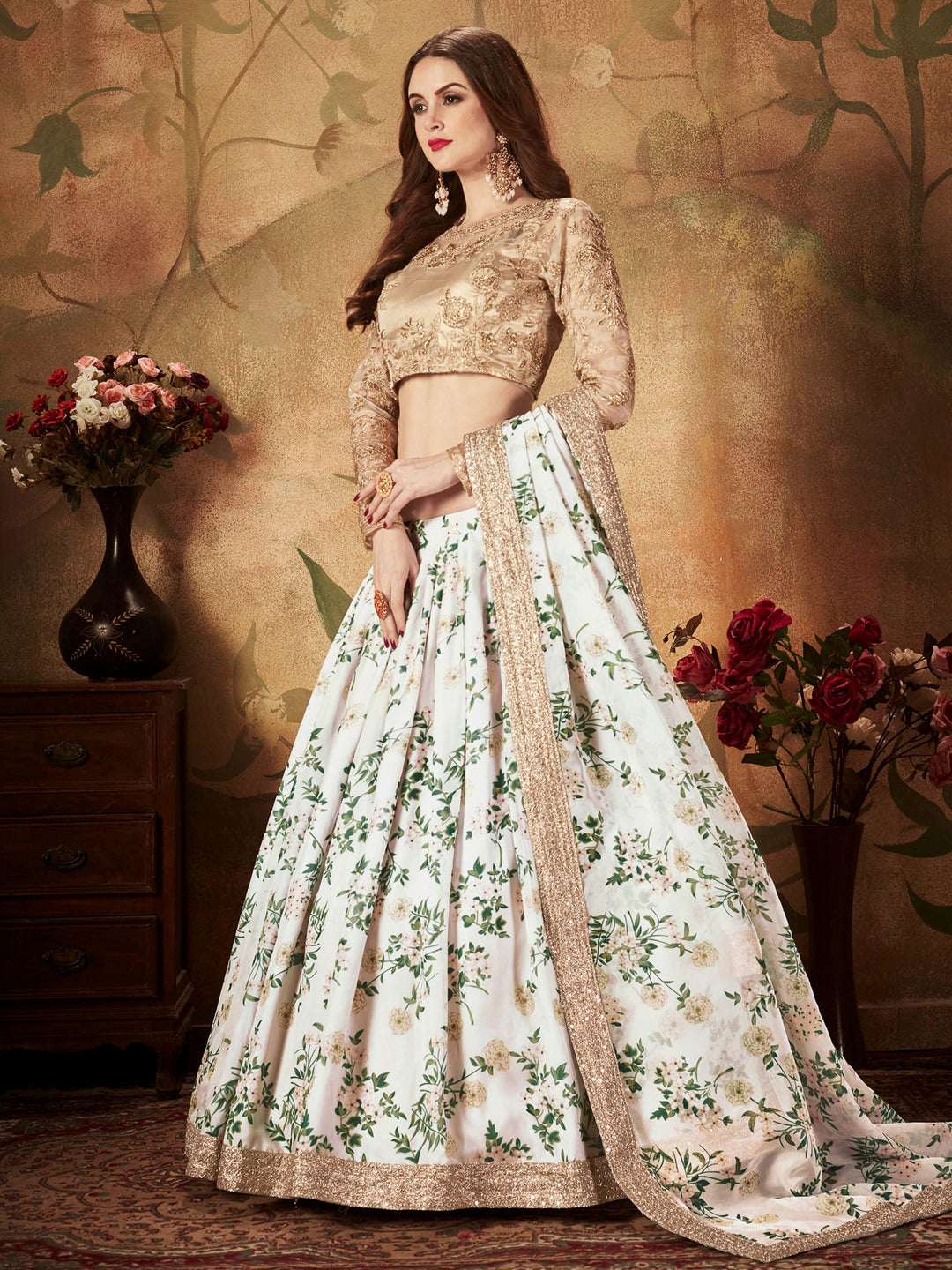 Beige-White Organza Embroidered Semi Stitched Lehenga Choli with Dupatta