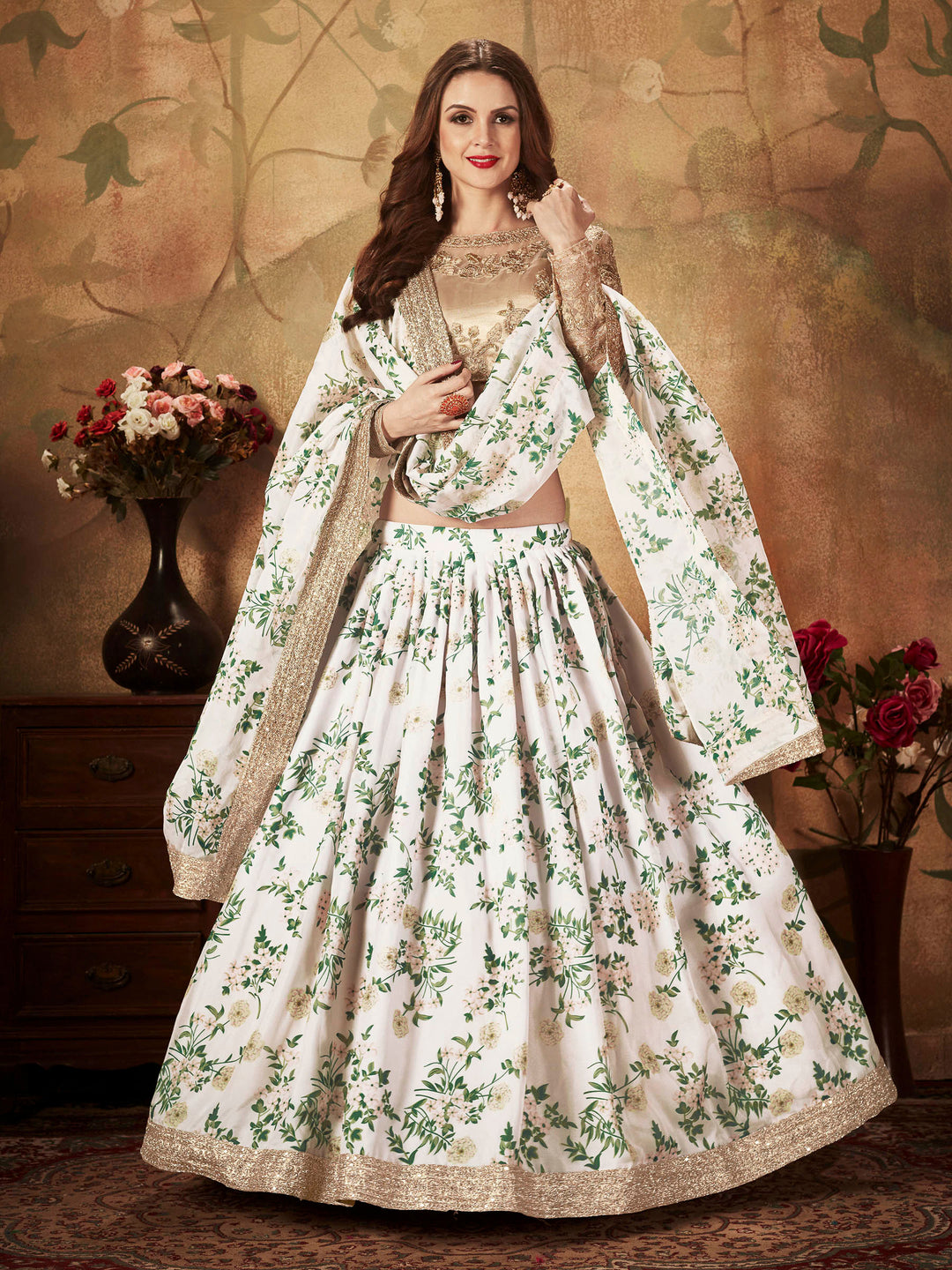 Beige-White Organza Embroidered Semi Stitched Lehenga Choli with Dupatta