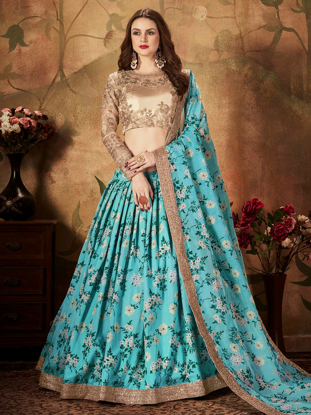 Beige-Blue Organza Embroidered Semi Stitched Lehenga Choli with Dupatta
