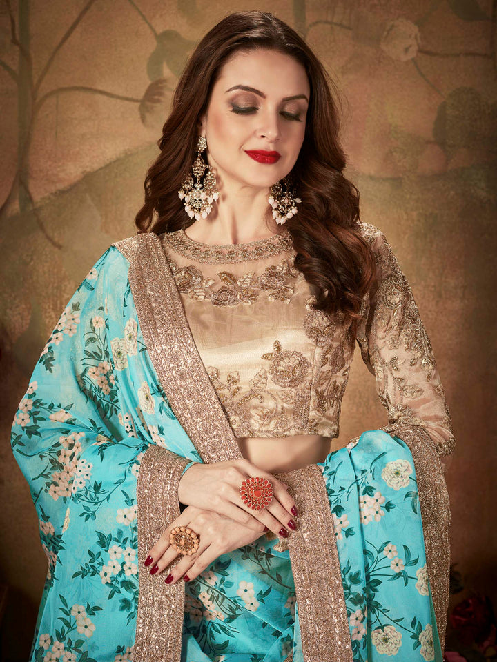 Beige-Blue Organza Embroidered Semi Stitched Lehenga Choli with Dupatta