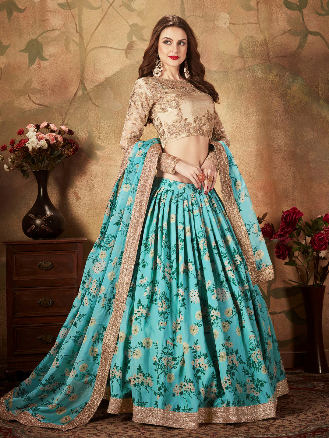 Beige-Blue Organza Embroidered Semi Stitched Lehenga Choli with Dupatta