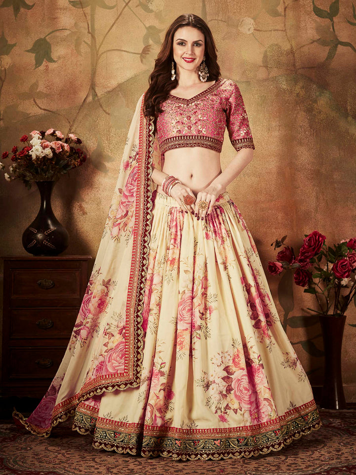 Peach-Beige Art Silk Embroidered Semi Stitched Lehenga Choli with Dupatta