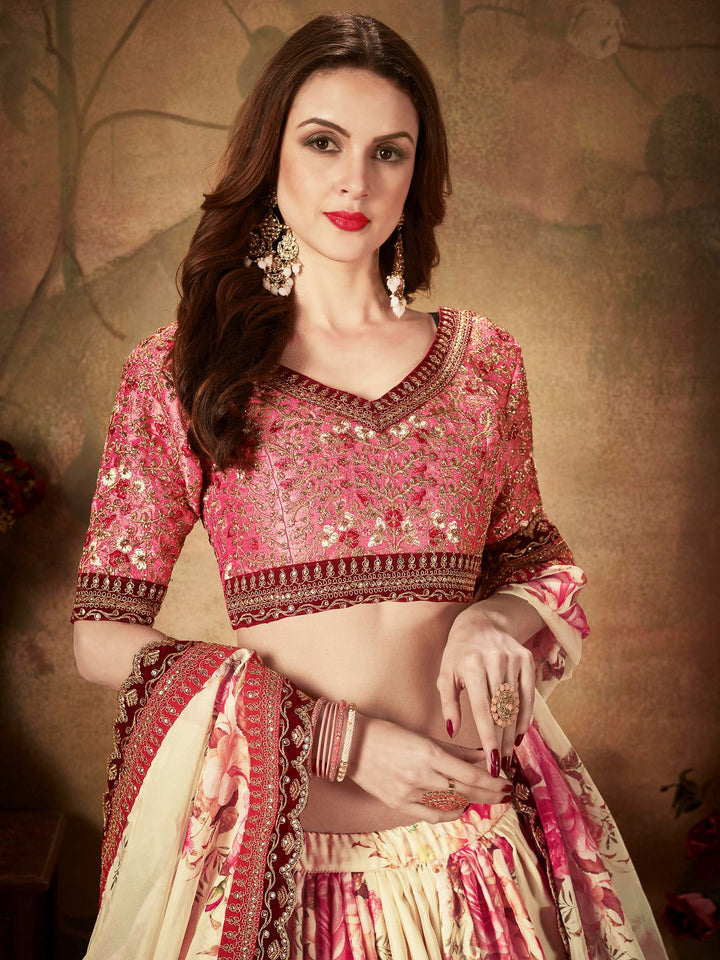 Peach-Beige Art Silk Embroidered Semi Stitched Lehenga Choli with Dupatta