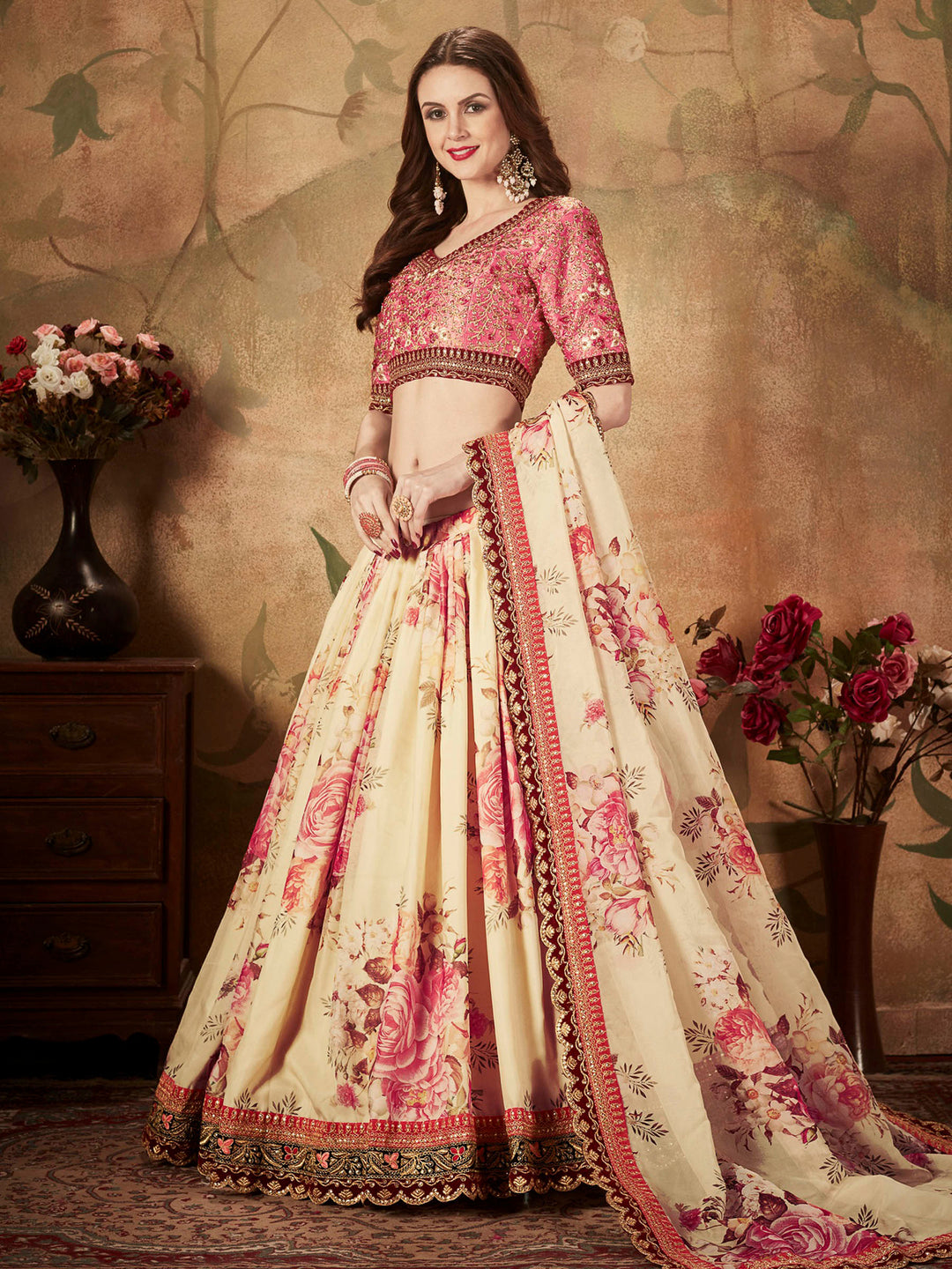 Peach-Beige Art Silk Embroidered Semi Stitched Lehenga Choli with Dupatta