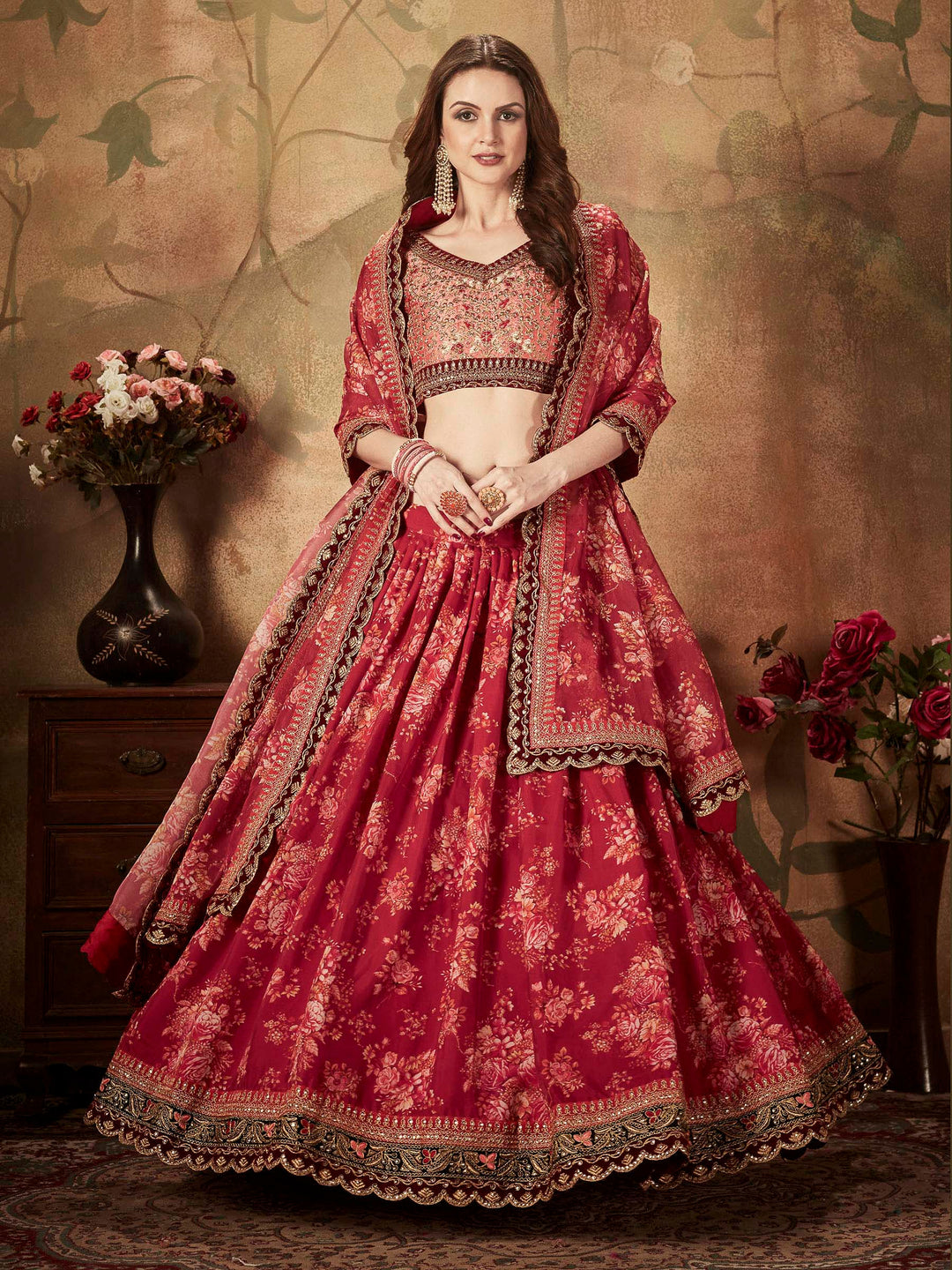 Peach-Maroon Art Silk Embroidered Semi Stitched Lehenga Choli with Dupatta