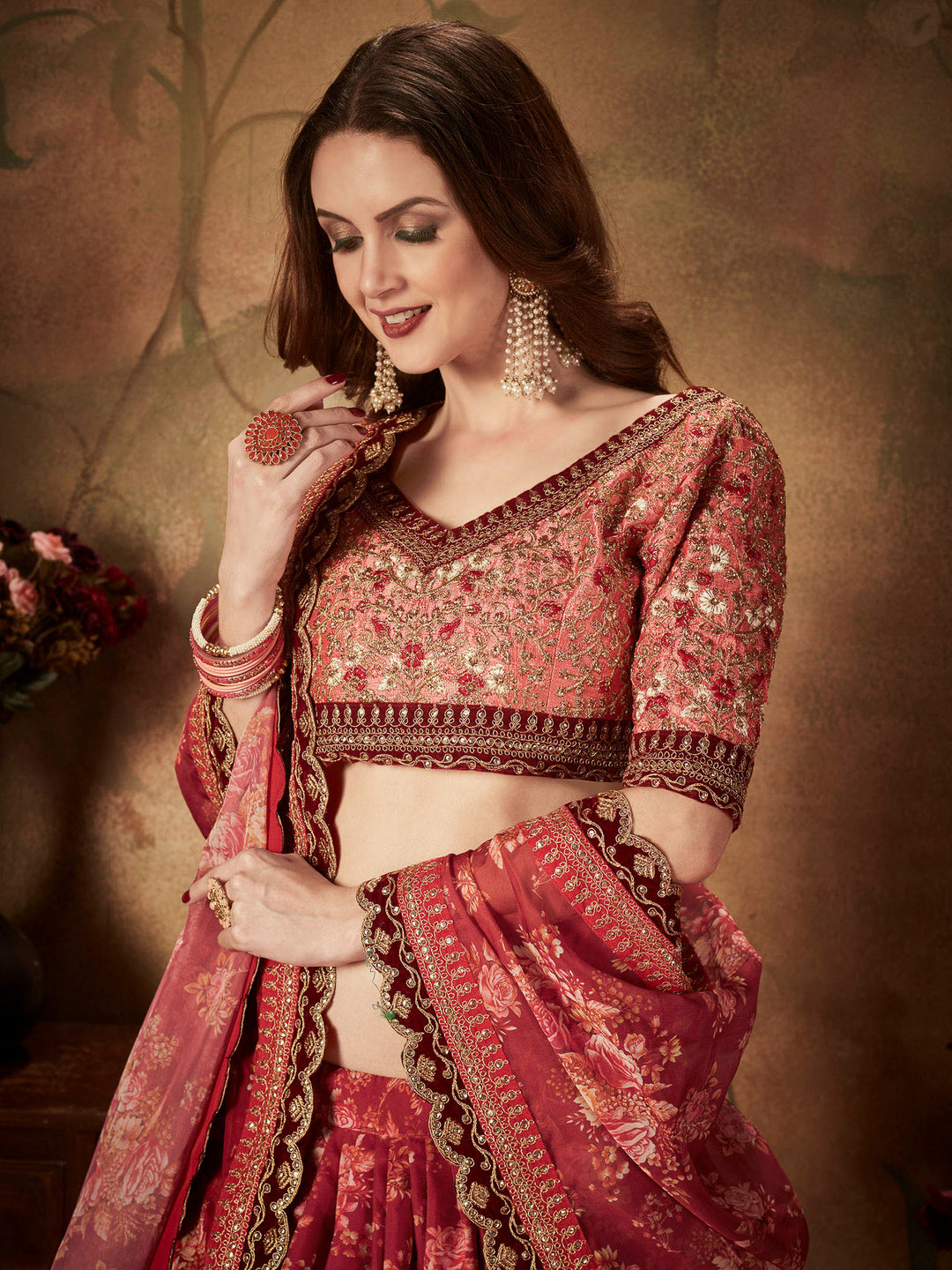 Peach-Maroon Art Silk Embroidered Semi Stitched Lehenga Choli with Dupatta