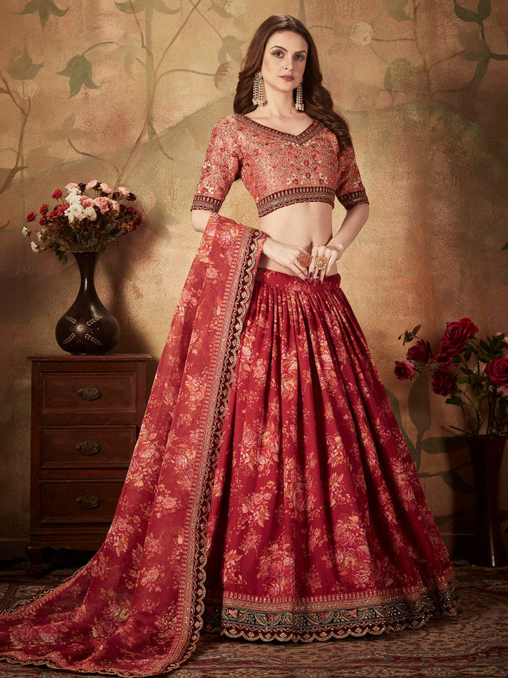 Peach-Maroon Art Silk Embroidered Semi Stitched Lehenga Choli with Dupatta