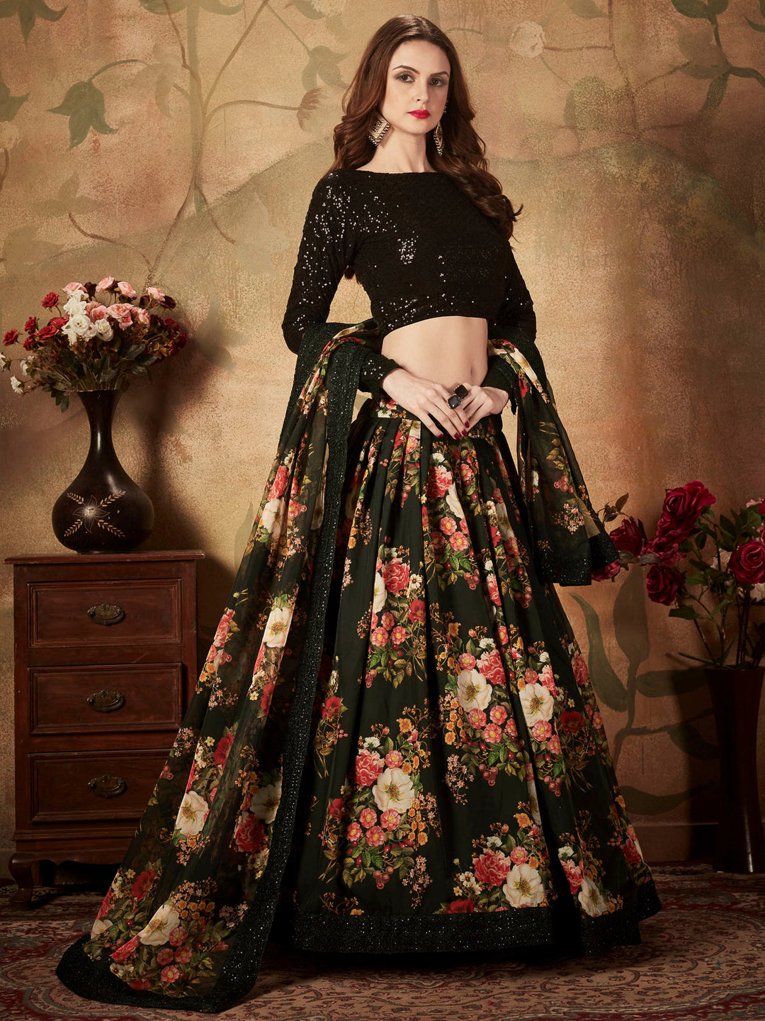 Black Georgette Embroidered Semi Stitched Lehenga Choli with Dupatta
