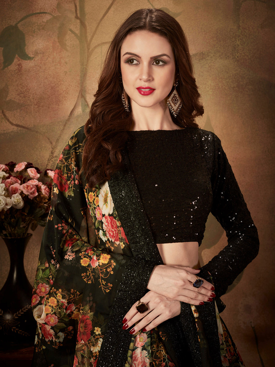 Black Georgette Embroidered Semi Stitched Lehenga Choli with Dupatta